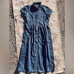 Vintage Denim Embroidered Maxi Dress Western Boho Pearl Buttons Size 7/8
